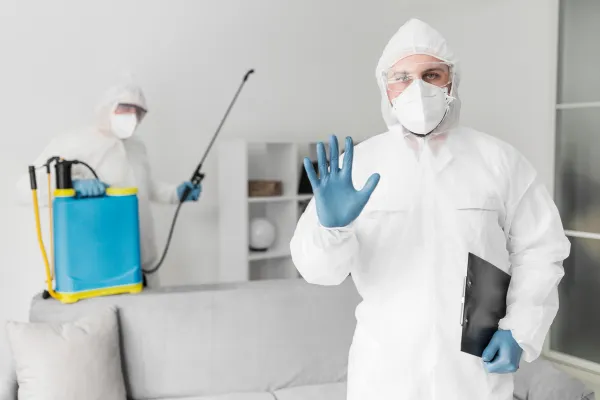 Professional pest control technicians in protective suits disinfecting a living room
